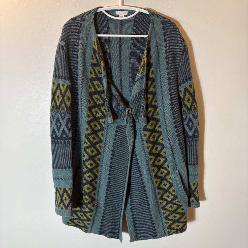 J. Jill Juniper Geometric Aztec Jacquard Knit Cardigan L With Shawl Pin Closure
